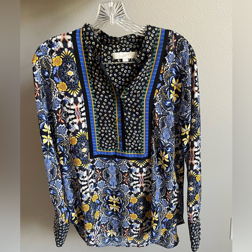 LOFT Geometric Blue and Yellow Button-Up Shirt